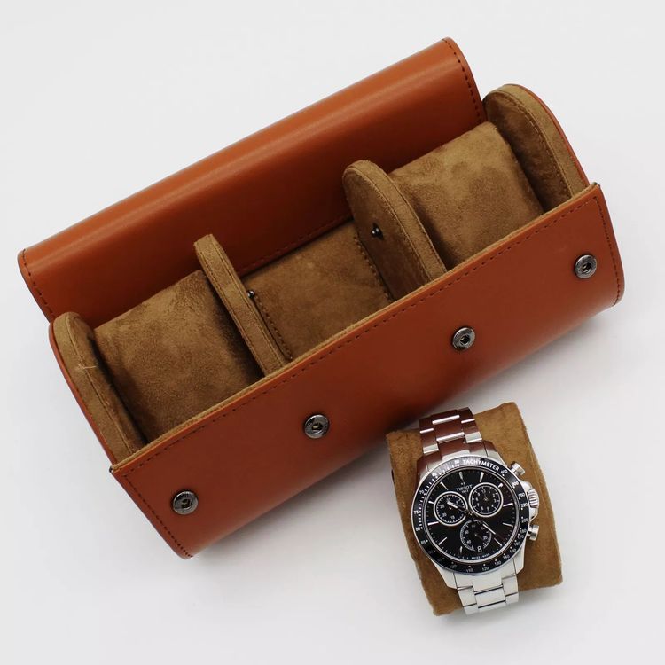 3 Slot Watch Roll Travel Case PU Leather Brown Colour Personalised 3
